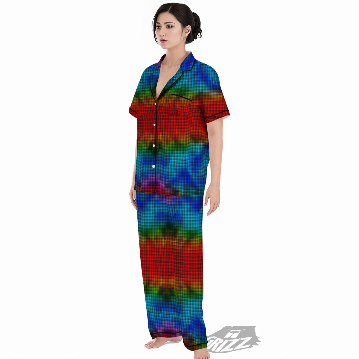 Squares Rainbow Print Pattern Women's Pajamas Set-grizzshop