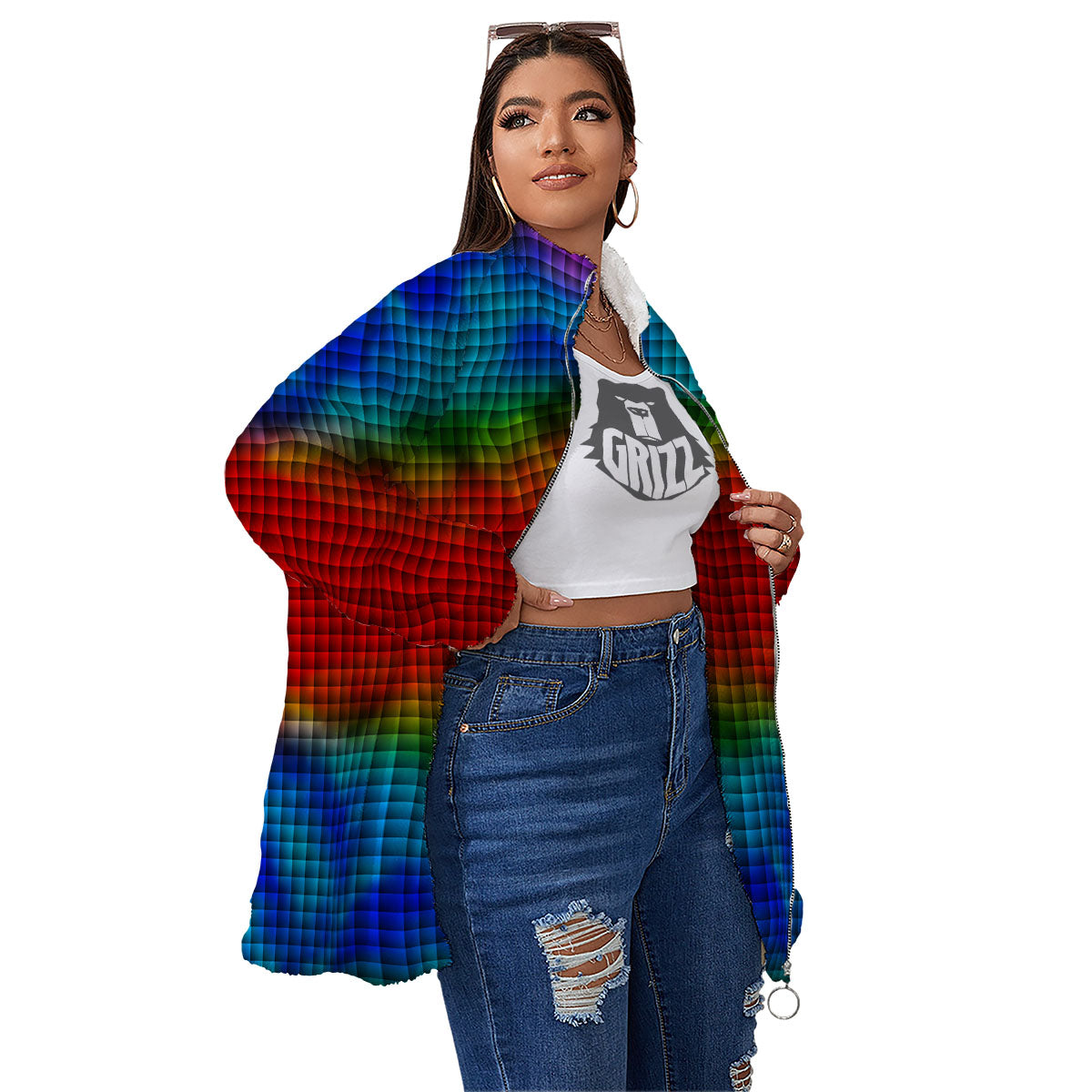 Squares Rainbow Print Pattern Women's Sherpa Jacket-grizzshop