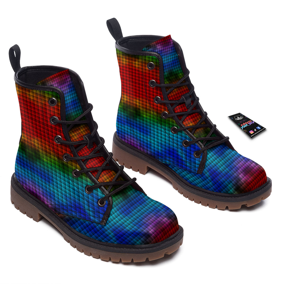 Squares Rainbow Print Pattern Work Boots-grizzshop
