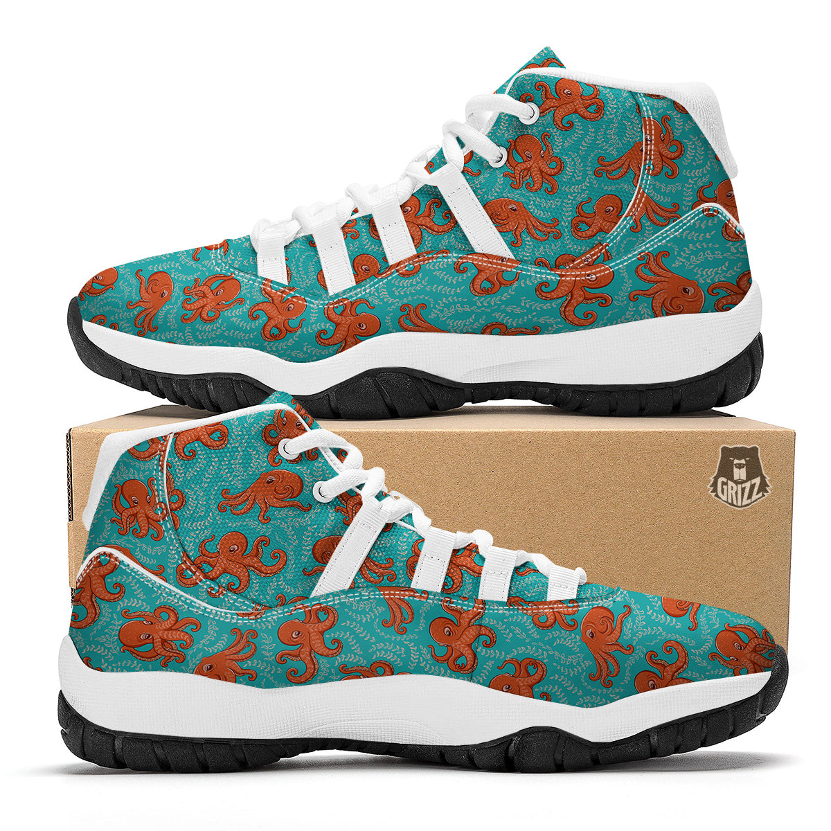 Squid Octopus Tentacle Print Pattern White Bball Shoes-grizzshop