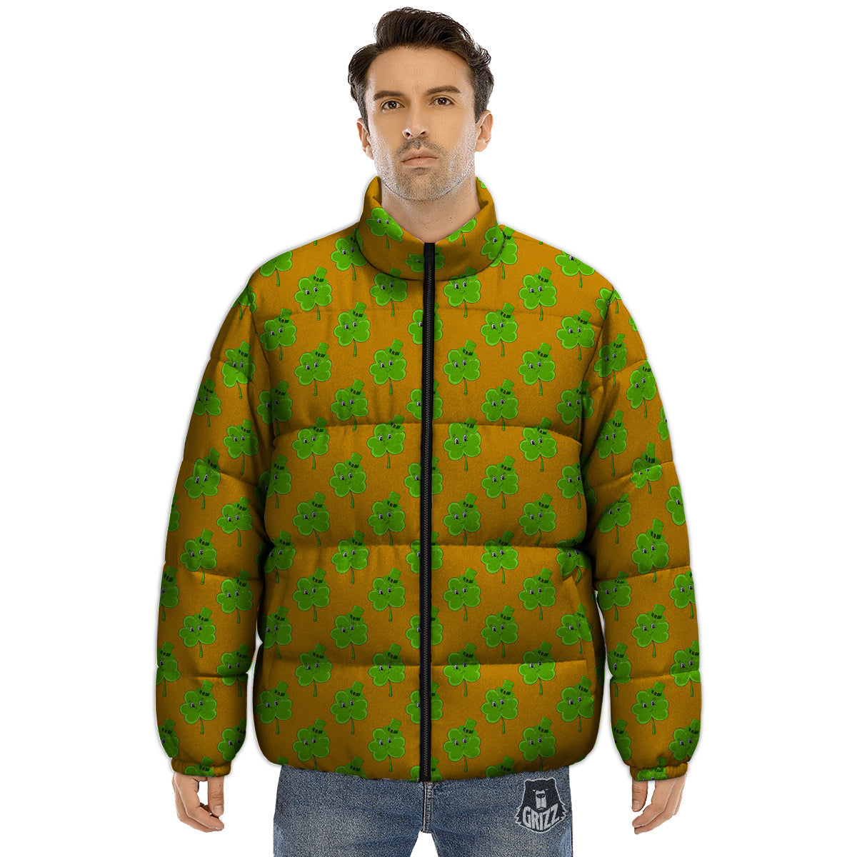 St. Patrick's Day Cute Clover Print Puffer Jacket-grizzshop