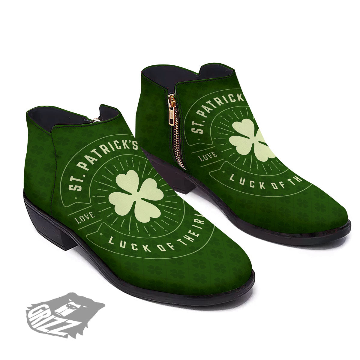 St. Patrick's Day Four Leaf Clover Print Ankle Boots-grizzshop