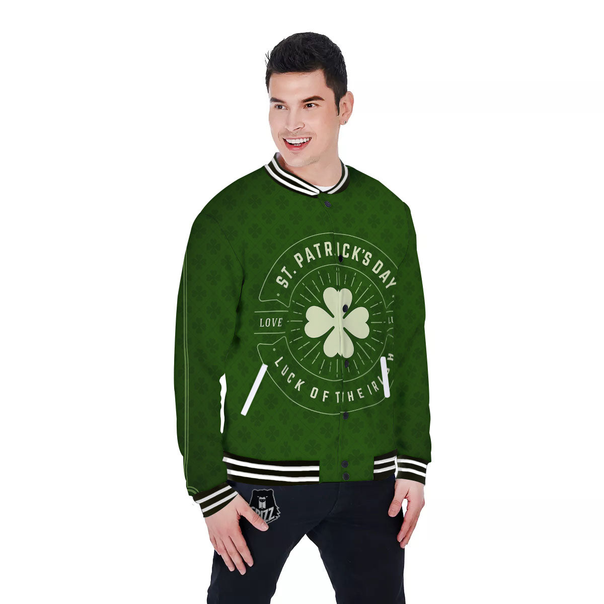 St. Patrick's Day Four Leaf Clover Print Baseball Jacket-grizzshop