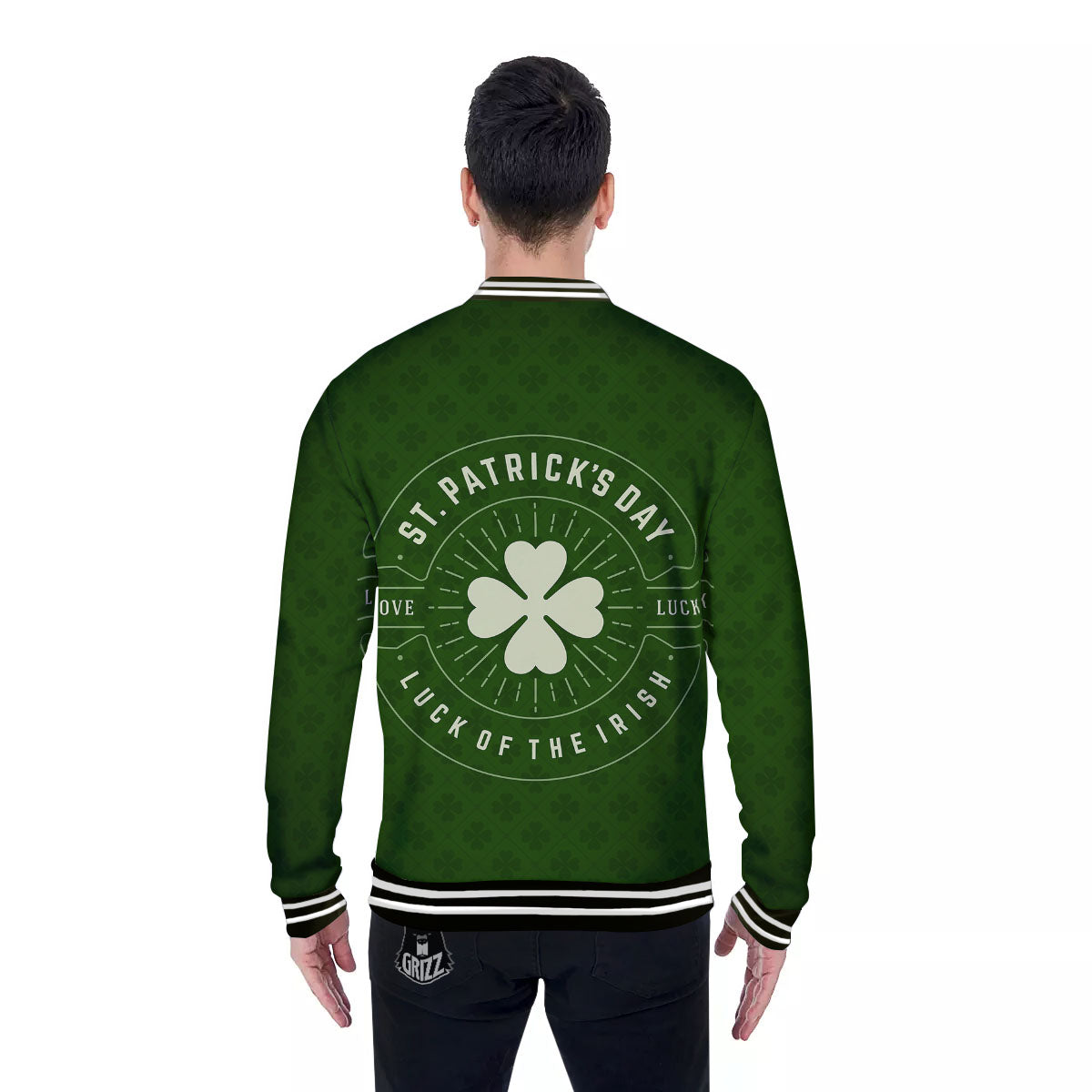 St. Patrick's Day Four Leaf Clover Print Baseball Jacket-grizzshop