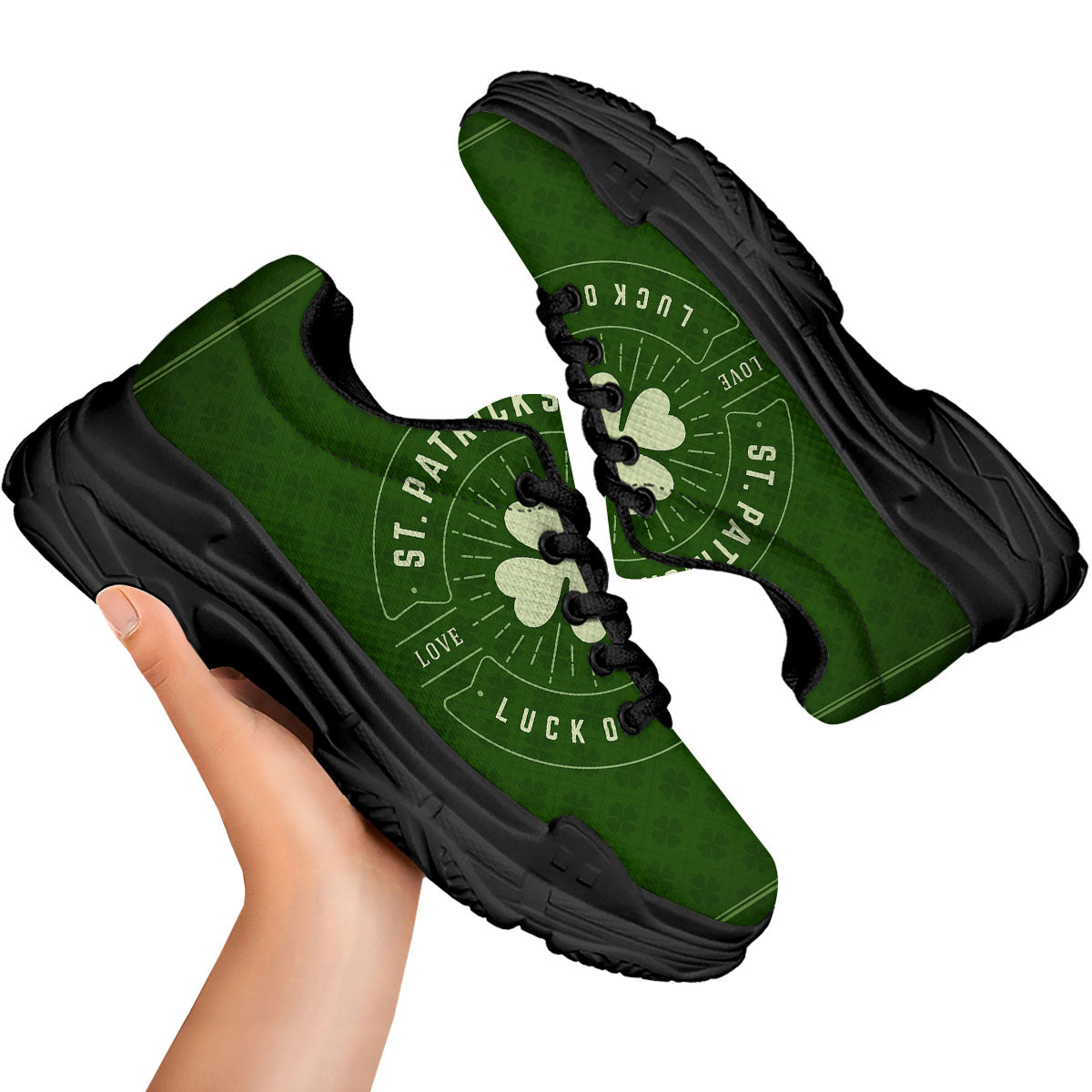 St. Patrick's Day Four Leaf Clover Print Black Chunky Shoes-grizzshop