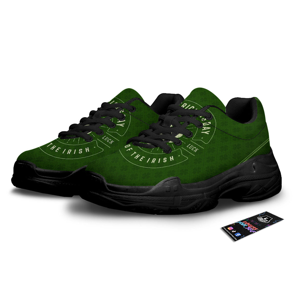 St. Patrick's Day Four Leaf Clover Print Black Chunky Shoes-grizzshop