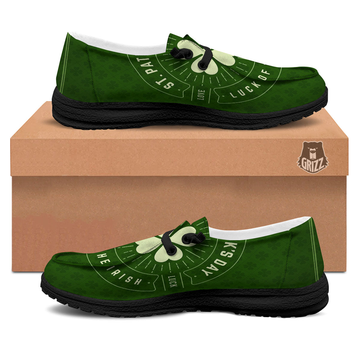 St. Patrick's Day Four Leaf Clover Print Black Loafers-grizzshop