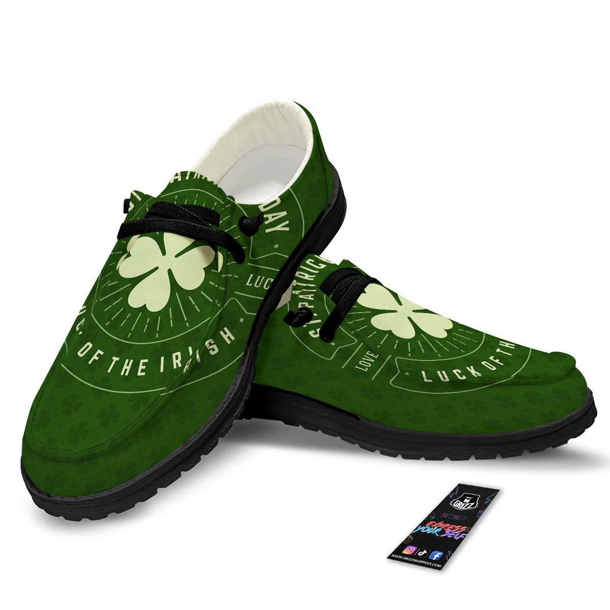 St. Patrick's Day Four Leaf Clover Print Black Loafers-grizzshop