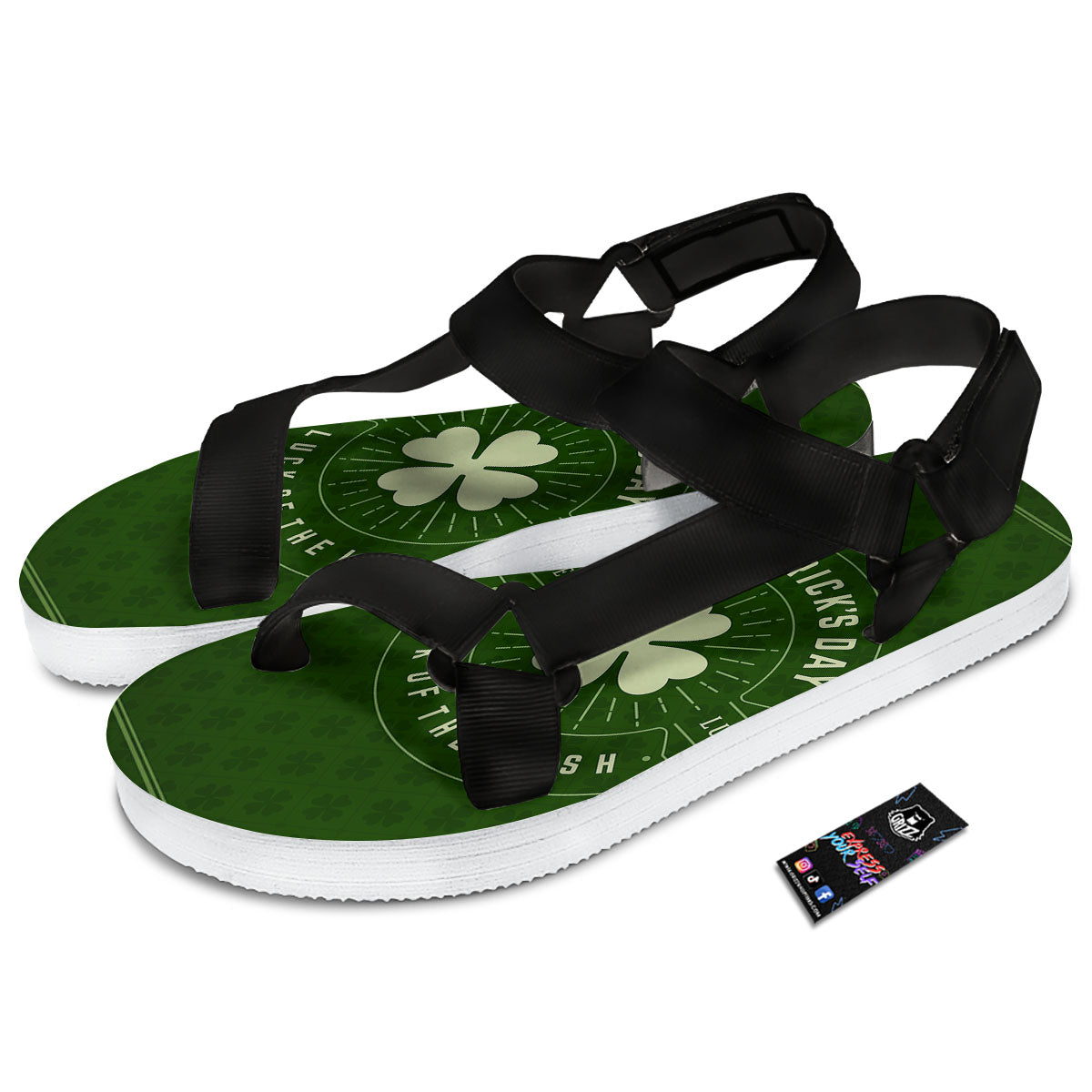 St. Patrick's Day Four Leaf Clover Print Black Open Toe Sandals-grizzshop