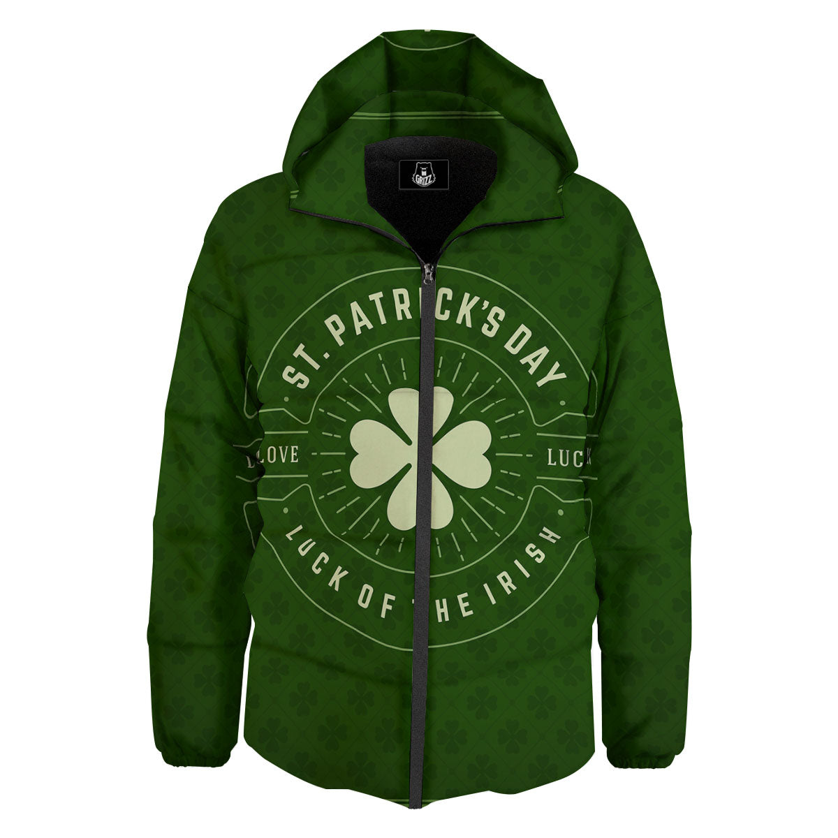 St. Patrick's Day Four Leaf Clover Print Down Jacket-grizzshop