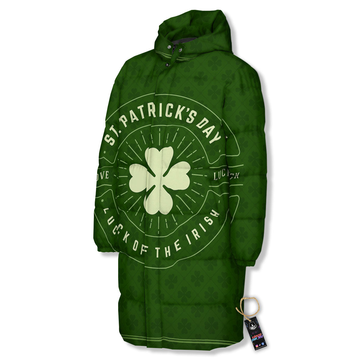 St. Patrick's Day Four Leaf Clover Print Long Down Jacket-grizzshop