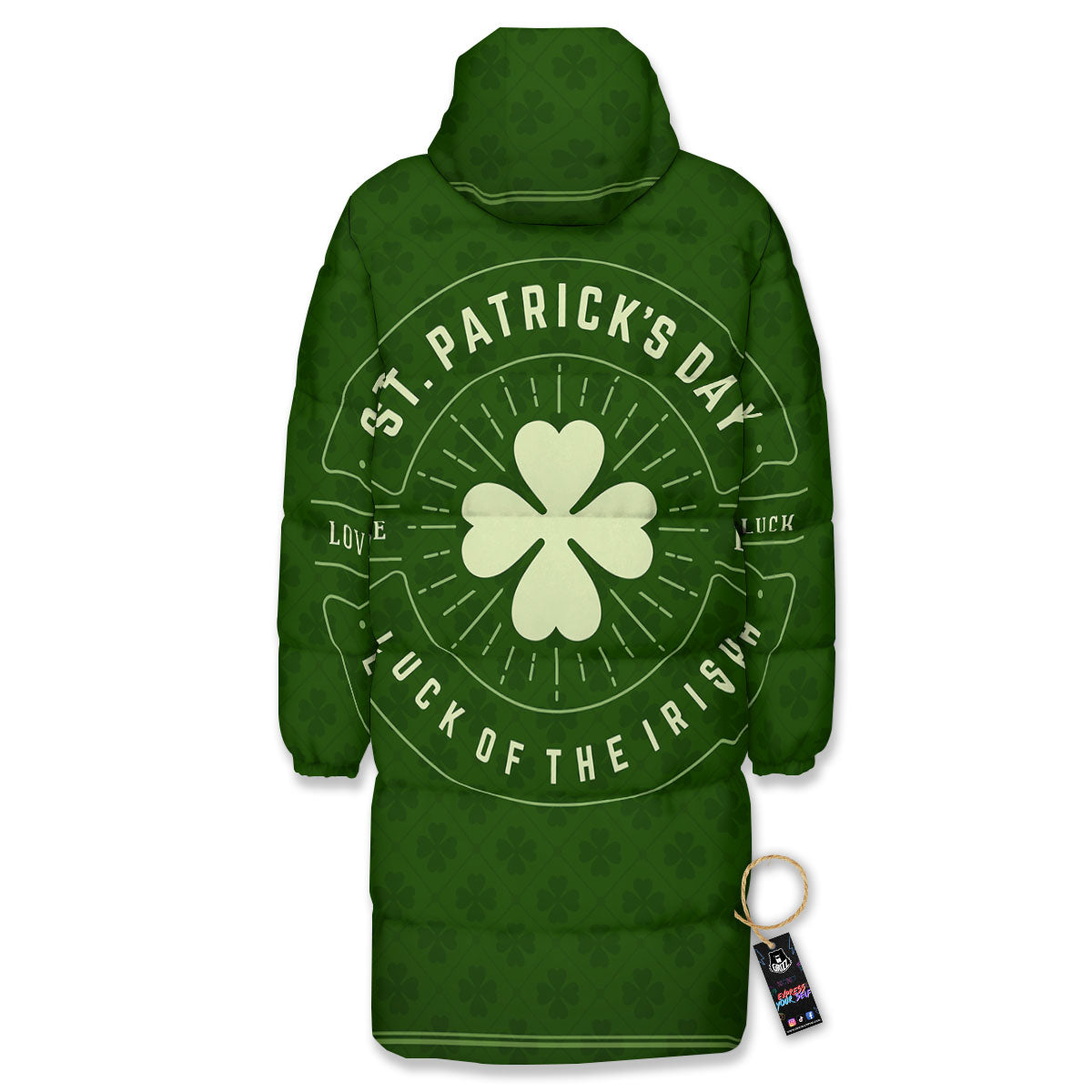 St. Patrick's Day Four Leaf Clover Print Long Down Jacket-grizzshop