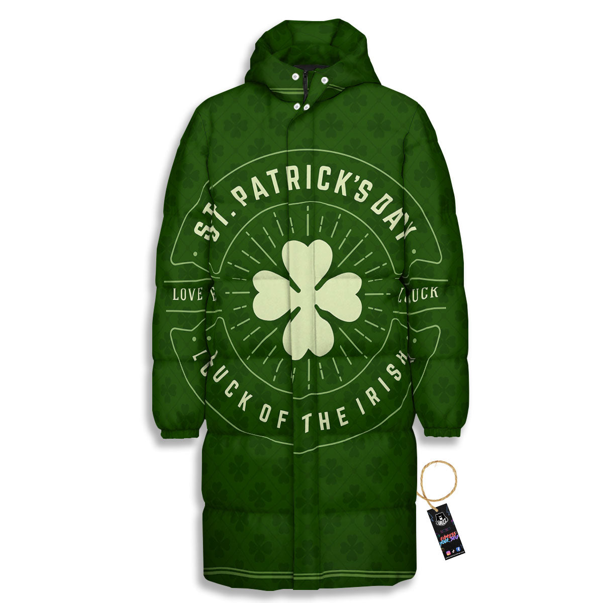 St. Patrick's Day Four Leaf Clover Print Long Down Jacket-grizzshop