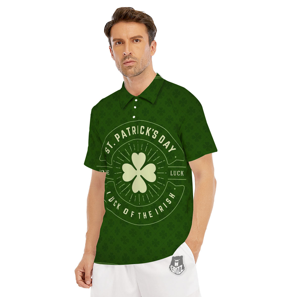 St. Patrick's Day Four Leaf Clover Print Men's Golf Shirts-grizzshop