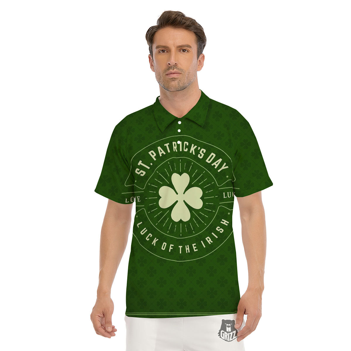 St. Patrick's Day Four Leaf Clover Print Men's Golf Shirts-grizzshop
