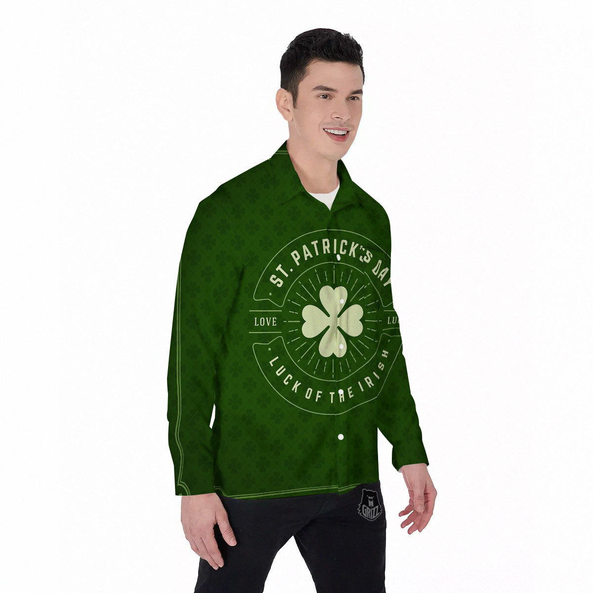 St. Patrick's Day Four Leaf Clover Print Men's Long Sleeve Shirts-grizzshop
