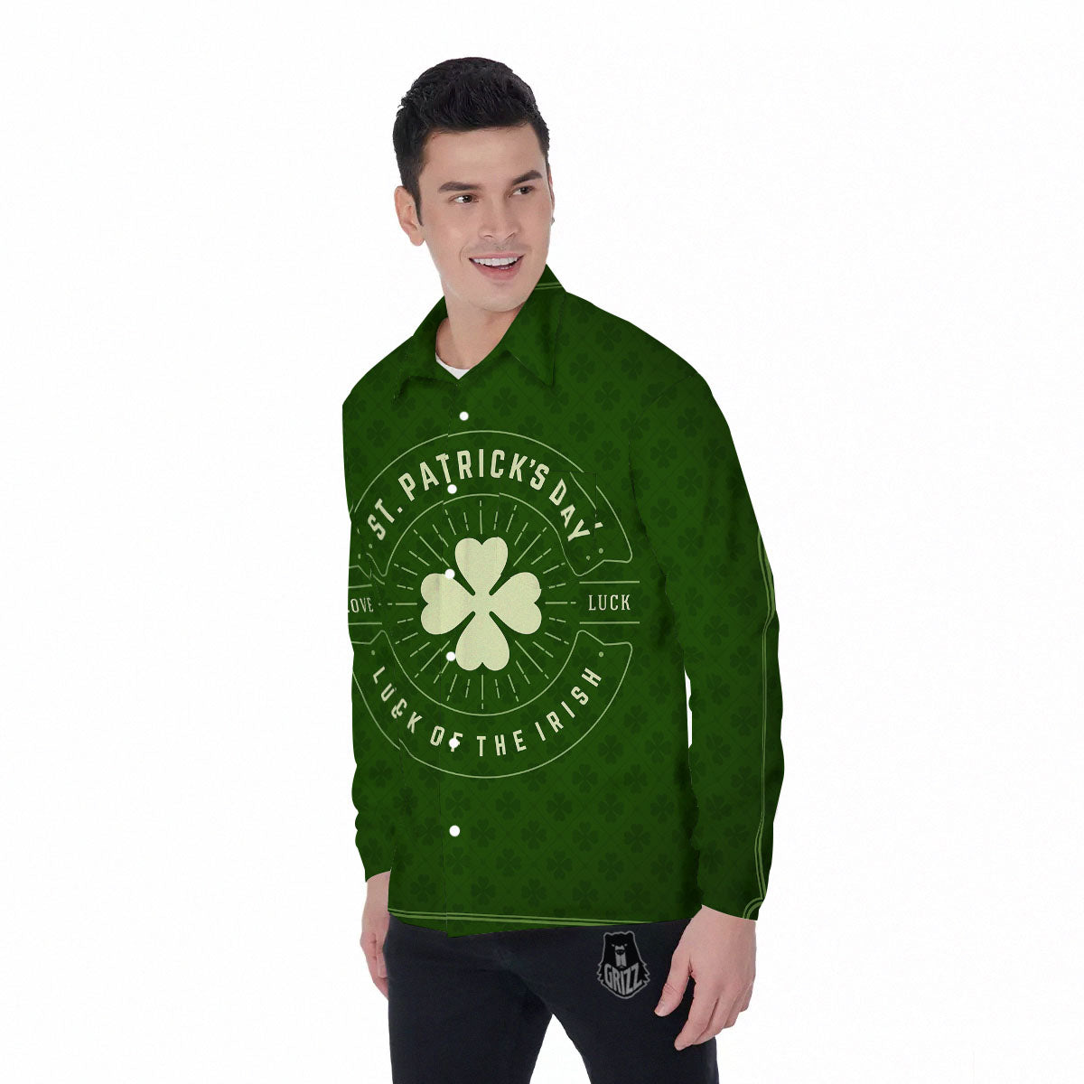 St. Patrick's Day Four Leaf Clover Print Men's Long Sleeve Shirts-grizzshop
