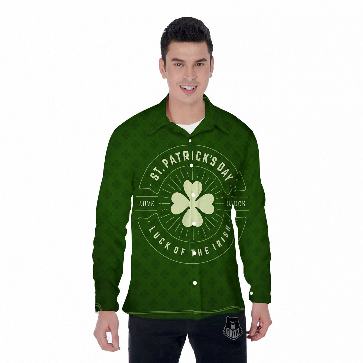 St. Patrick's Day Four Leaf Clover Print Men's Long Sleeve Shirts-grizzshop