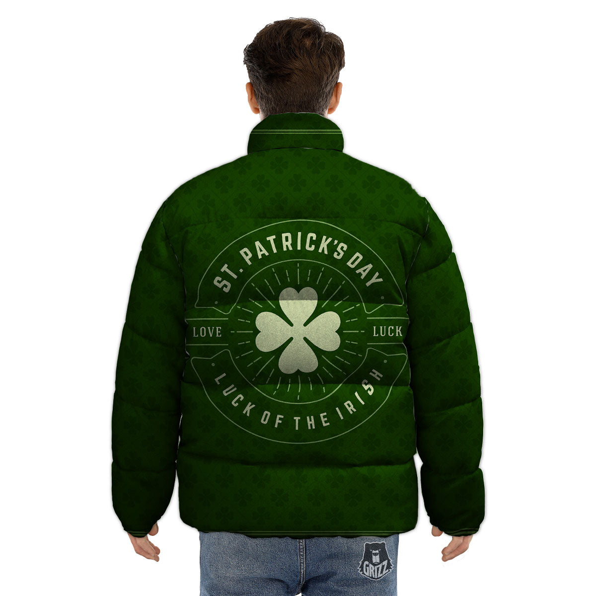 St. Patrick's Day Four Leaf Clover Print Puffer Jacket-grizzshop