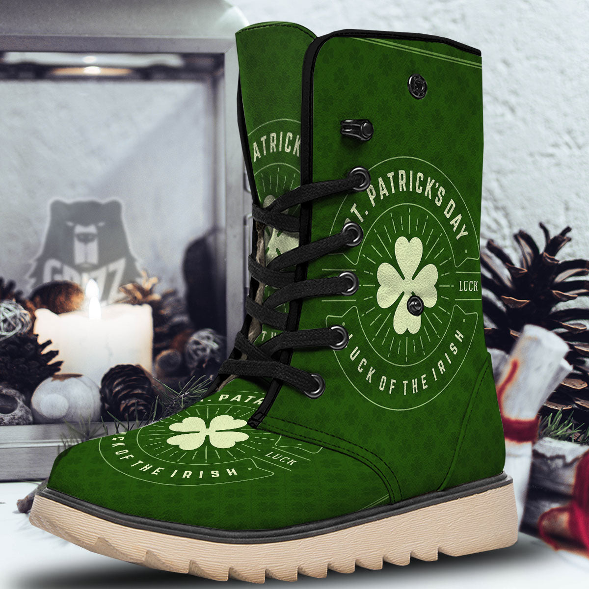 St. Patrick's Day Four Leaf Clover Print Snow Boots-grizzshop