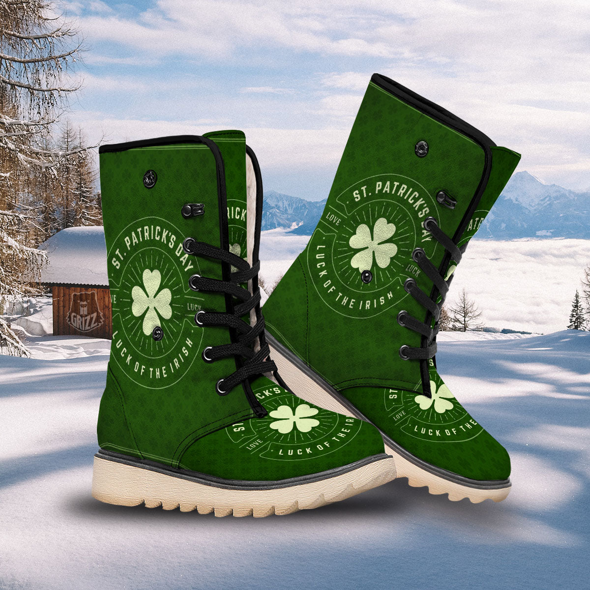 St. Patrick's Day Four Leaf Clover Print Snow Boots-grizzshop