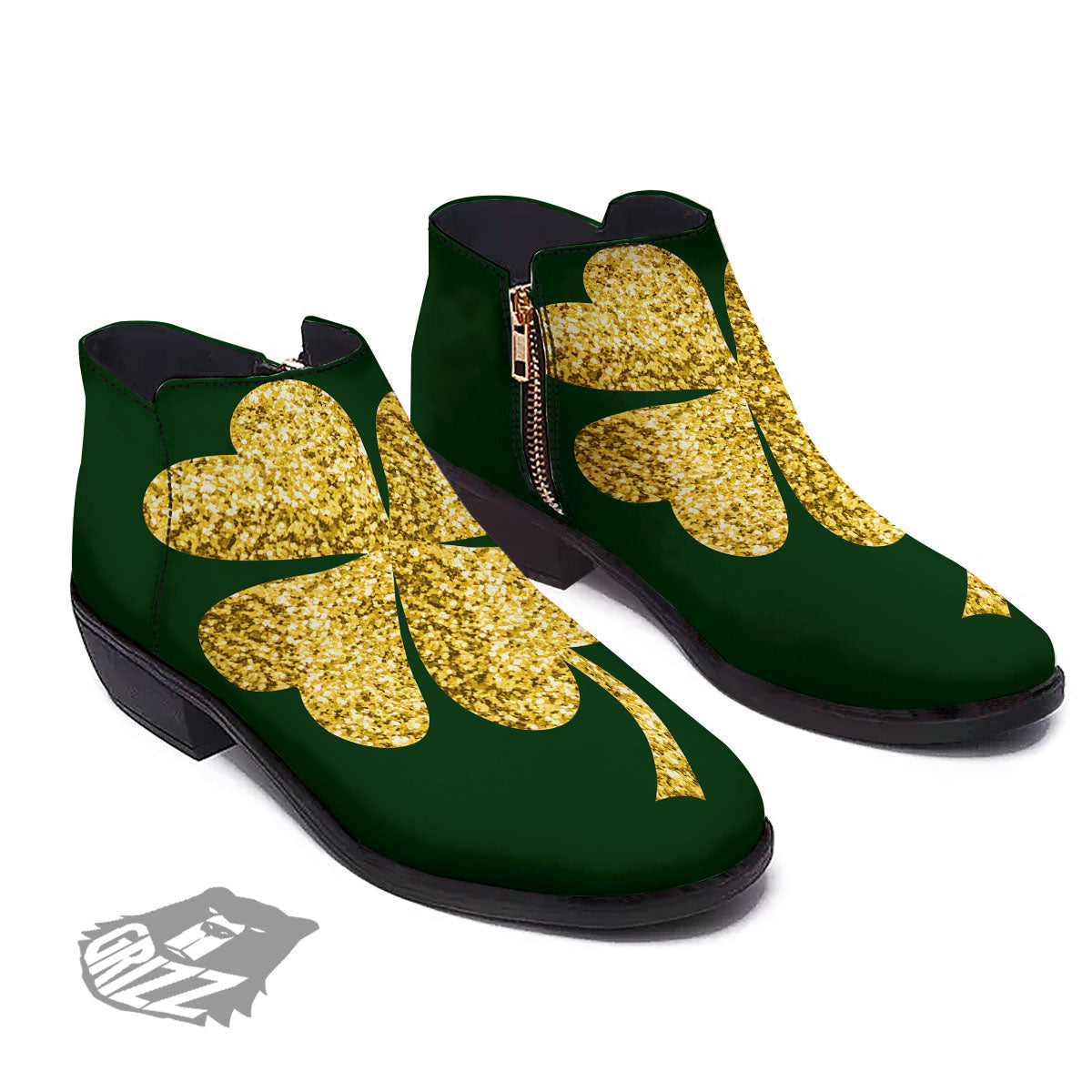 St. Patrick's Day Gold Clover Print Ankle Boots-grizzshop