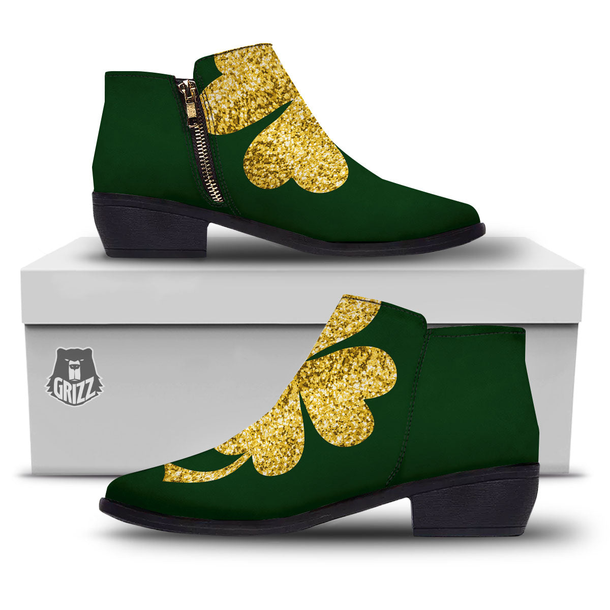 St. Patrick's Day Gold Clover Print Ankle Boots-grizzshop