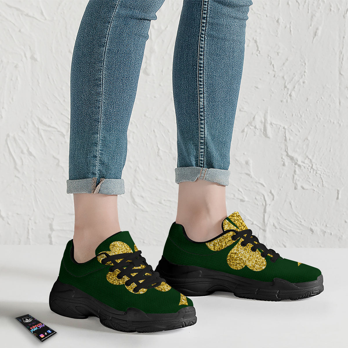 St. Patrick's Day Gold Clover Print Black Chunky Shoes-grizzshop