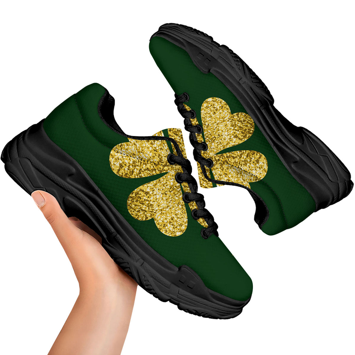 St. Patrick's Day Gold Clover Print Black Chunky Shoes-grizzshop