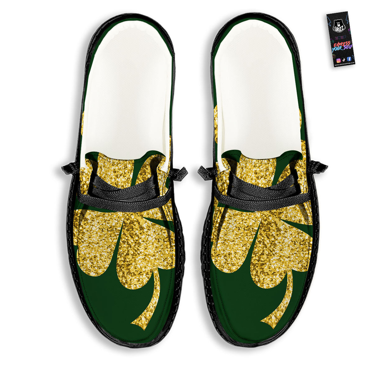 St. Patrick's Day Gold Clover Print Black Loafers-grizzshop