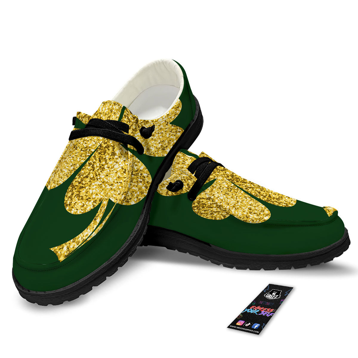 St. Patrick's Day Gold Clover Print Black Loafers-grizzshop