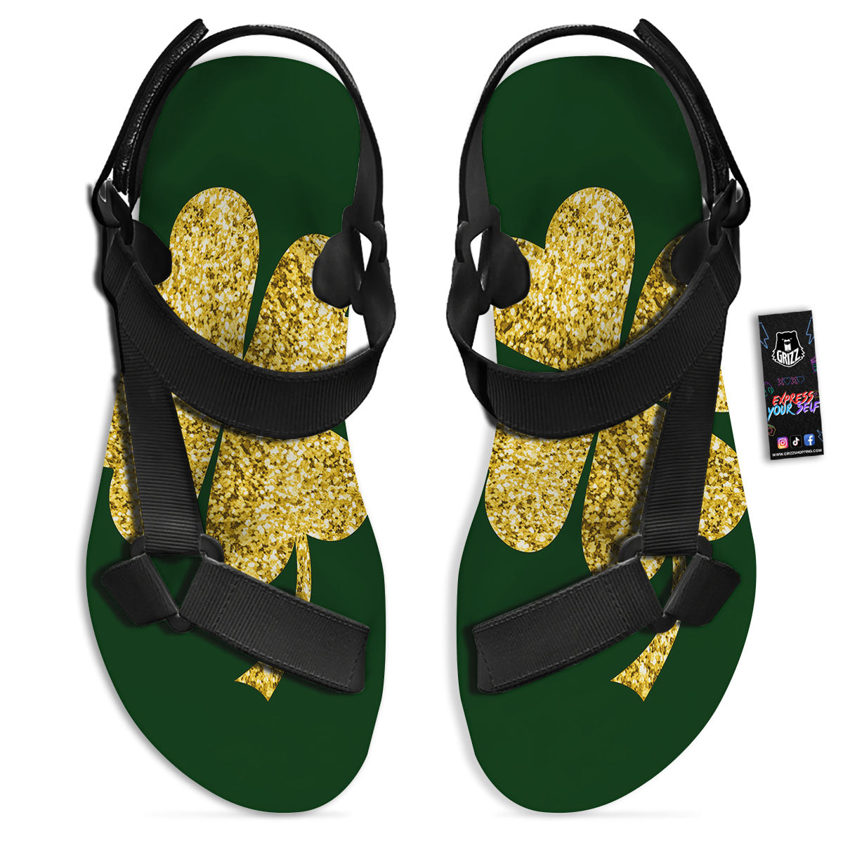 St. Patrick's Day Gold Clover Print Black Open Toe Sandals-grizzshop