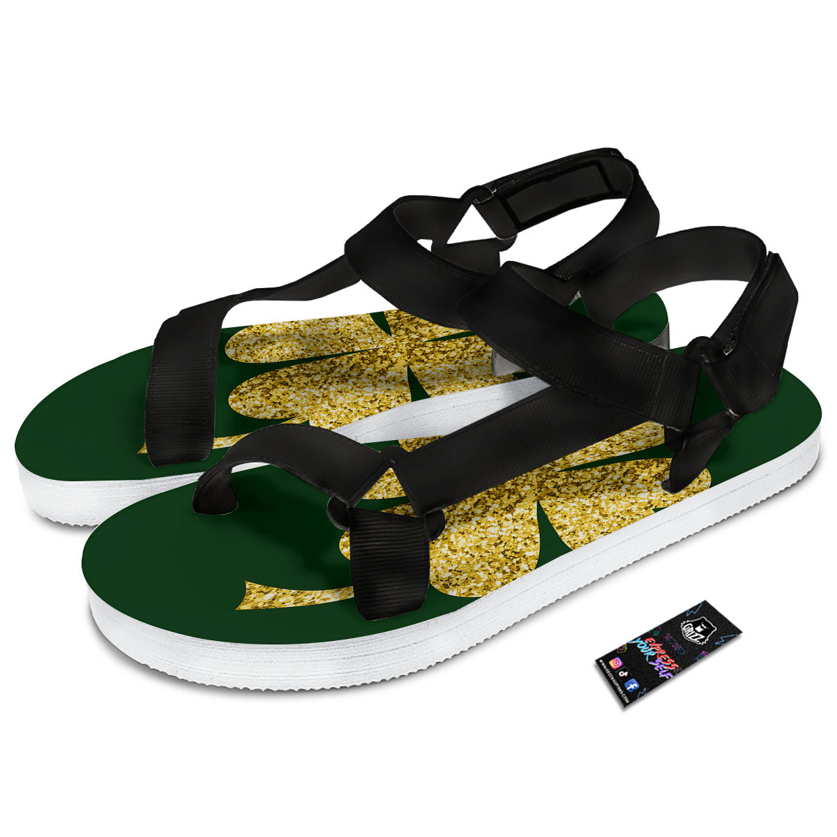 St. Patrick's Day Gold Clover Print Black Open Toe Sandals-grizzshop