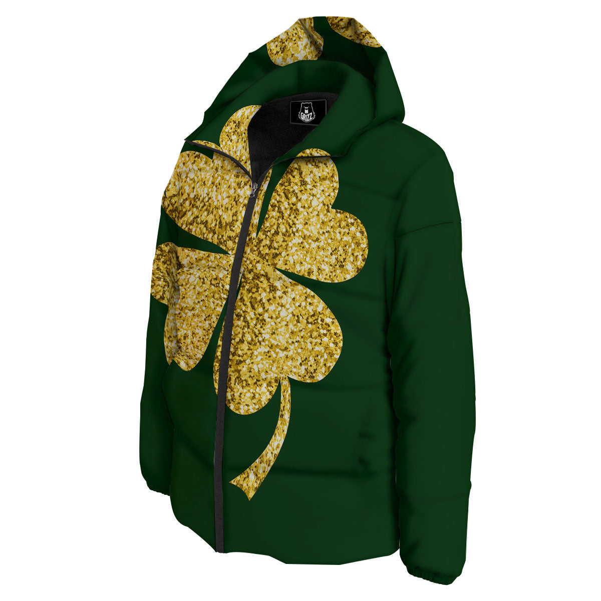 St. Patrick's Day Gold Clover Print Down Jacket-grizzshop