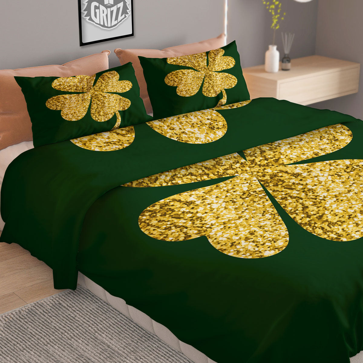 St. Patrick's Day Gold Clover Print Duvet Cover Bedding Set