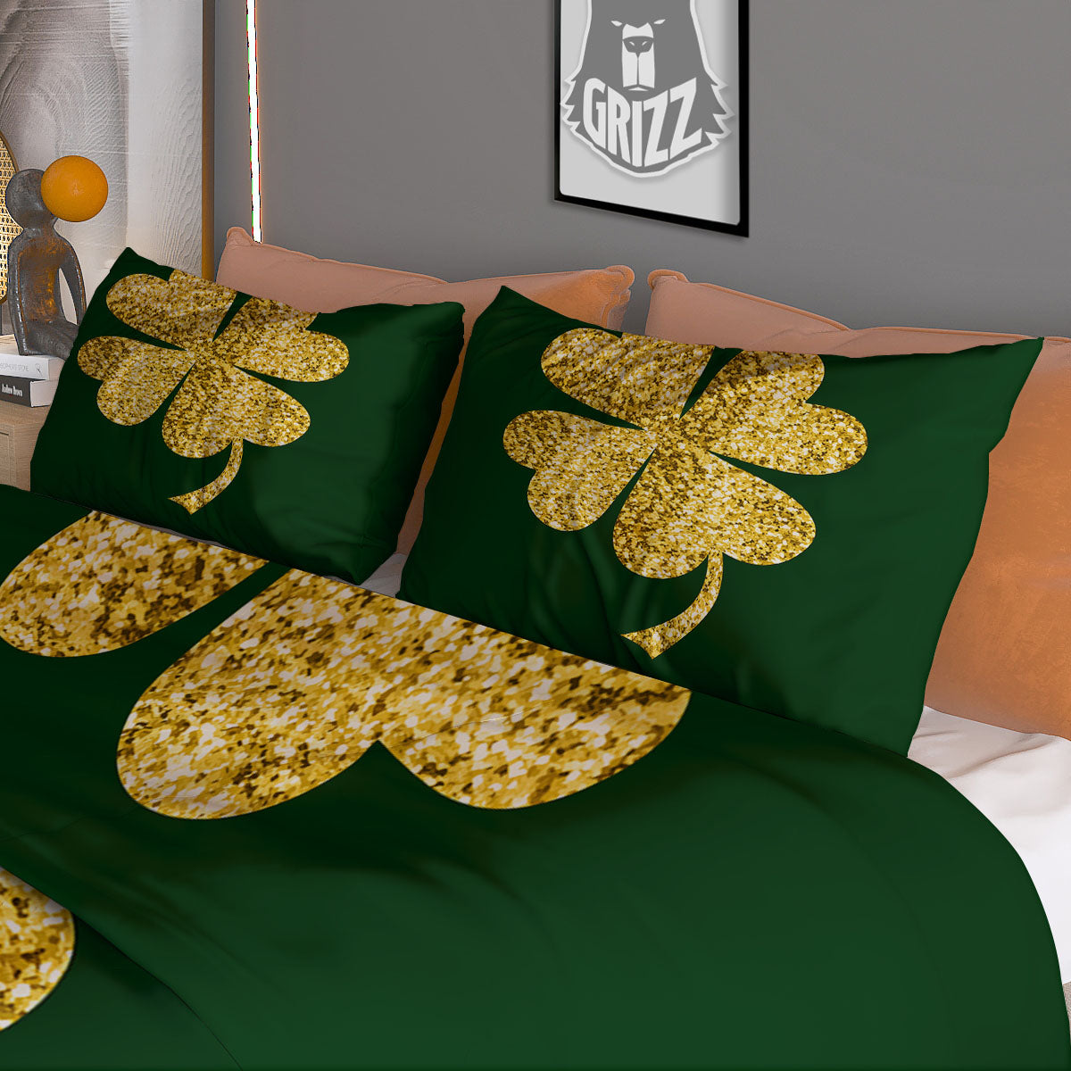 St. Patrick's Day Gold Clover Print Duvet Cover Bedding Set