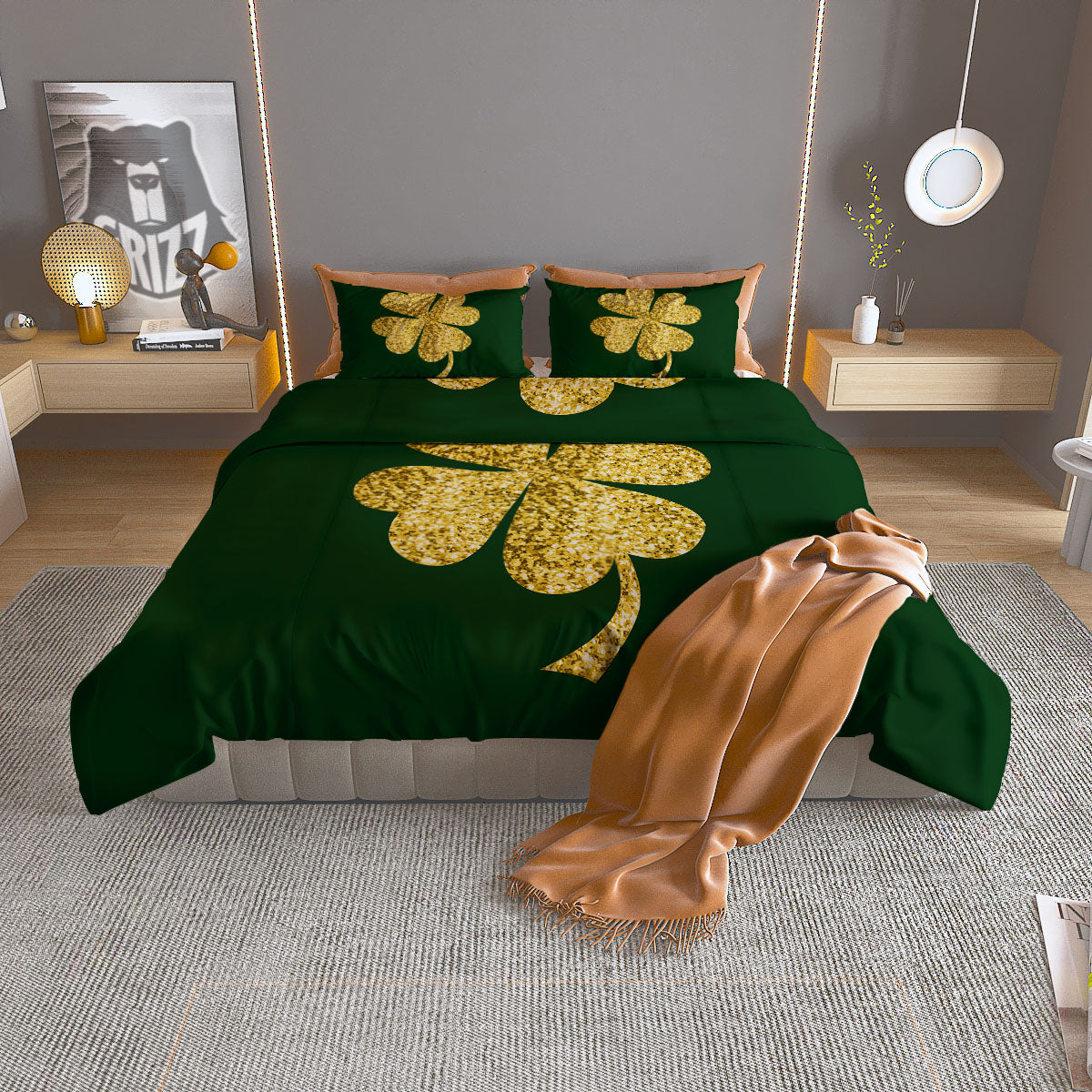 St. Patrick's Day Gold Clover Print Duvet Cover Bedding Set
