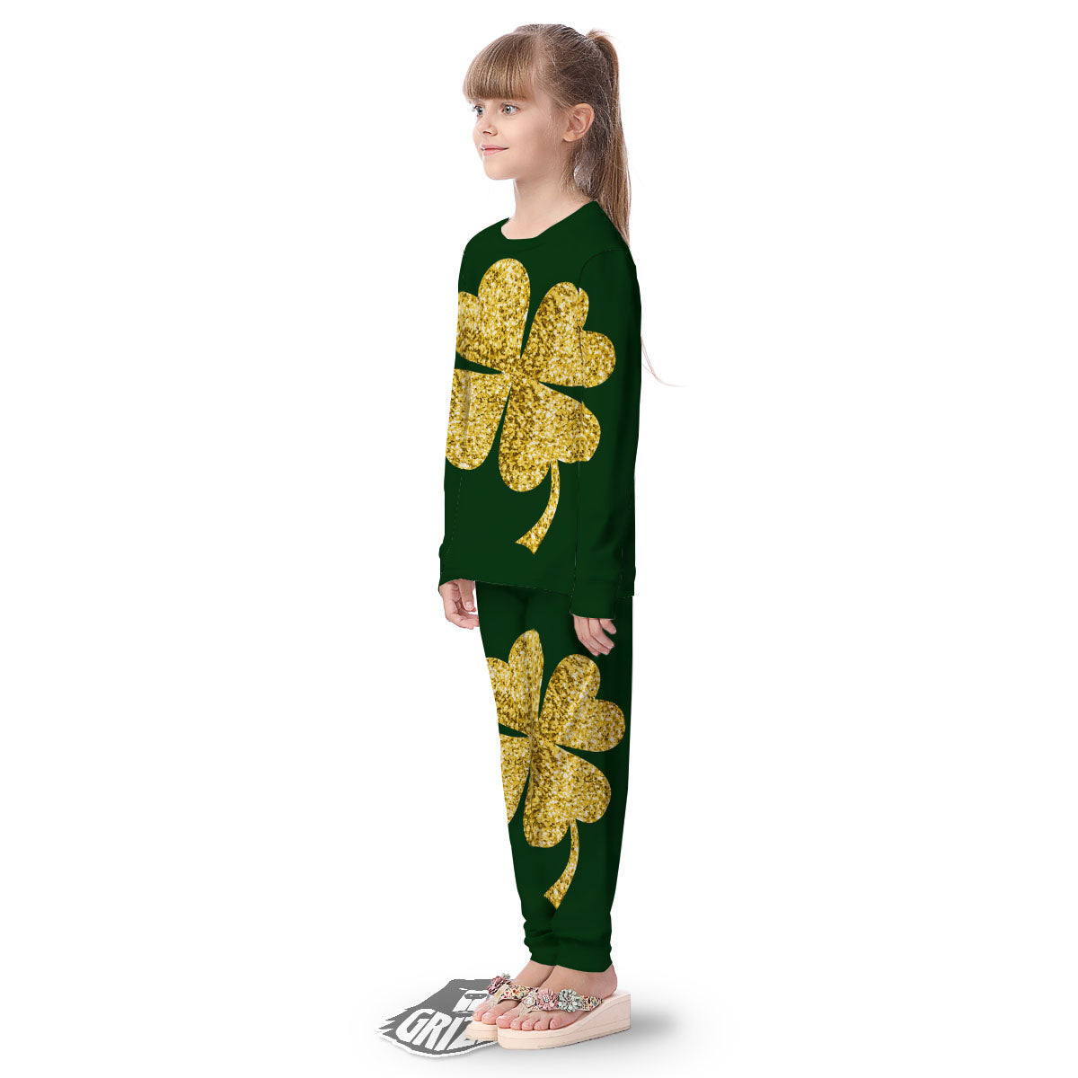 St. Patrick's Day Gold Clover Print Kid's Pajamas-grizzshop