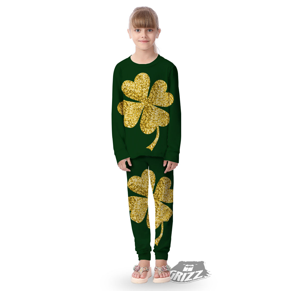 St. Patrick's Day Gold Clover Print Kid's Pajamas-grizzshop