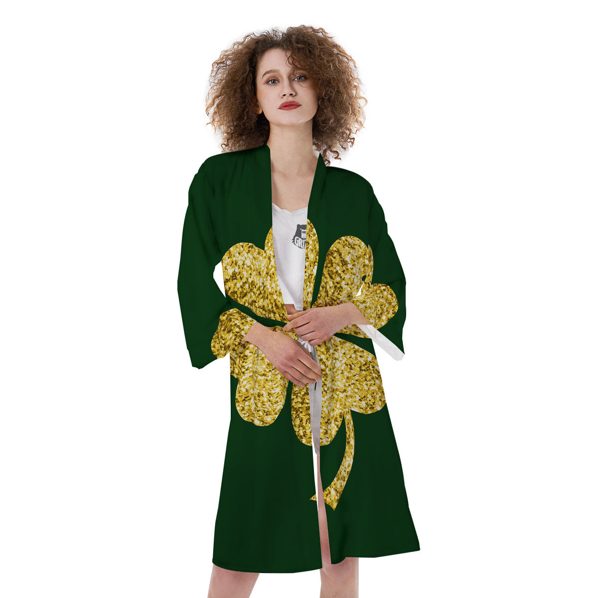 St. Patrick's Day Gold Clover Print Kimono-grizzshop