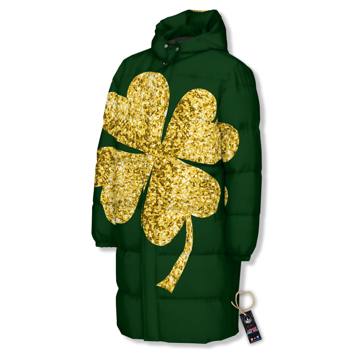 St. Patrick's Day Gold Clover Print Long Down Jacket-grizzshop