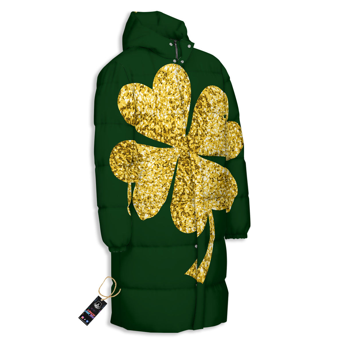 St. Patrick's Day Gold Clover Print Long Down Jacket-grizzshop