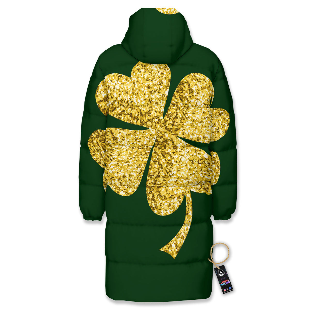 St. Patrick's Day Gold Clover Print Long Down Jacket-grizzshop