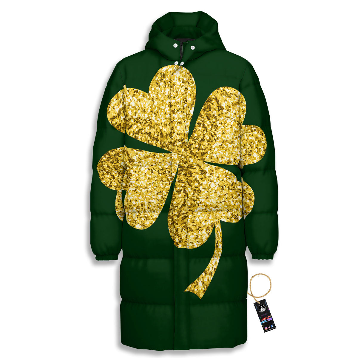 St. Patrick's Day Gold Clover Print Long Down Jacket-grizzshop