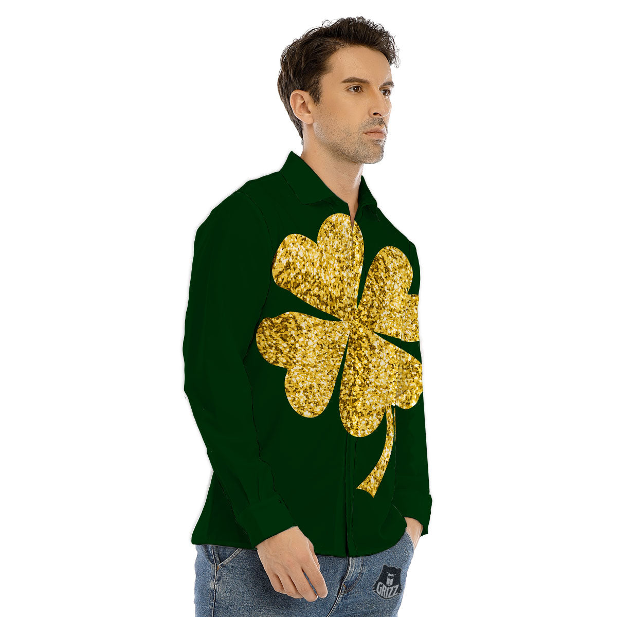 St. Patrick's Day Gold Clover Print Men's Dress Shirts-grizzshop