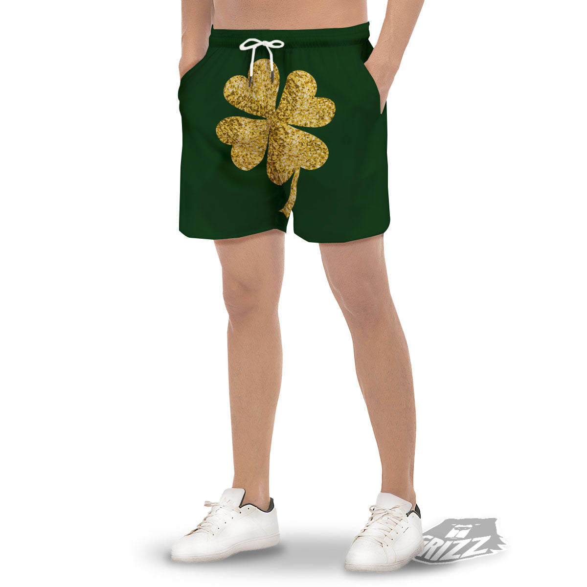St. Patrick's Day Gold Clover Print Men's Gym Shorts-grizzshop