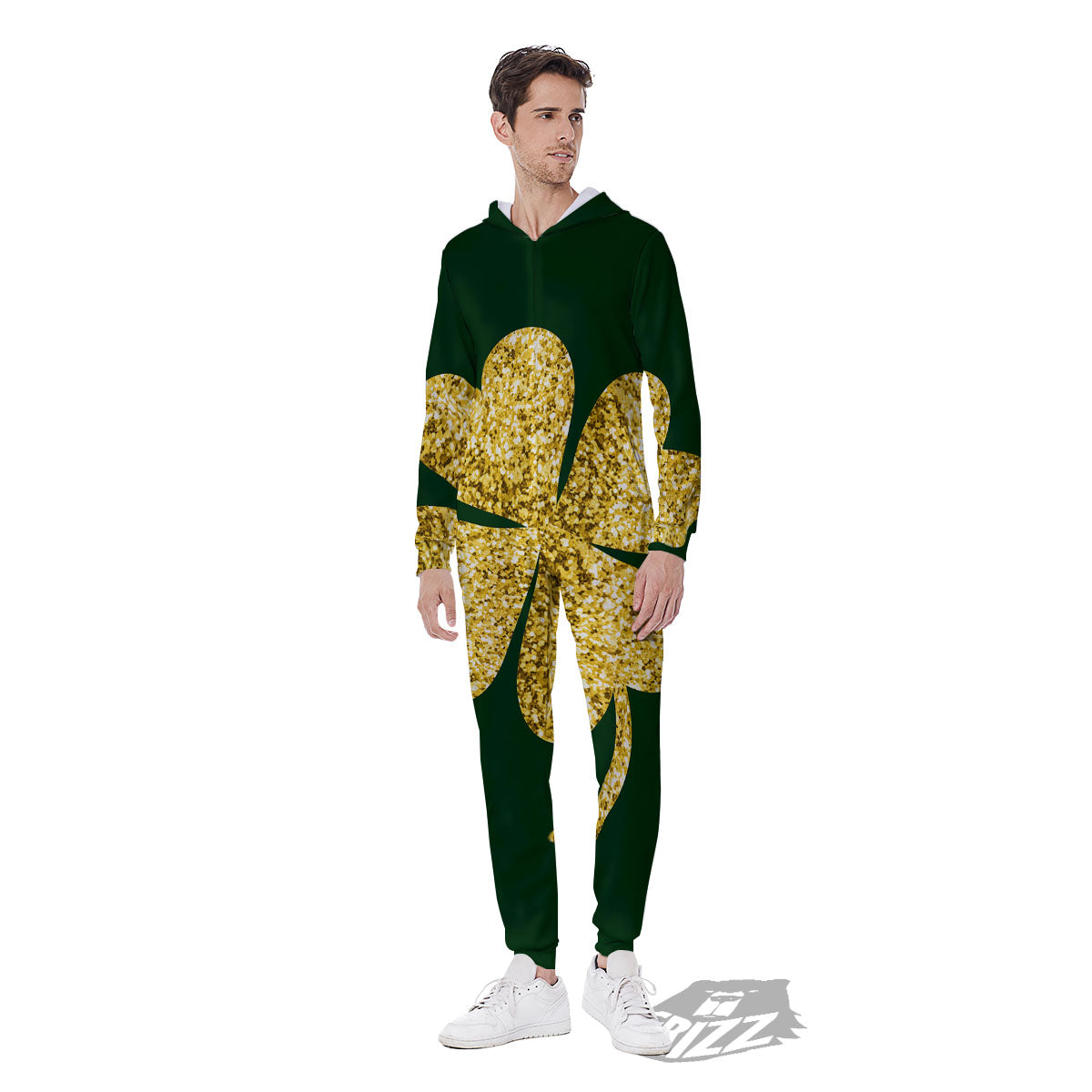 St. Patrick's Day Gold Clover Print Men's Jumpsuit-grizzshop