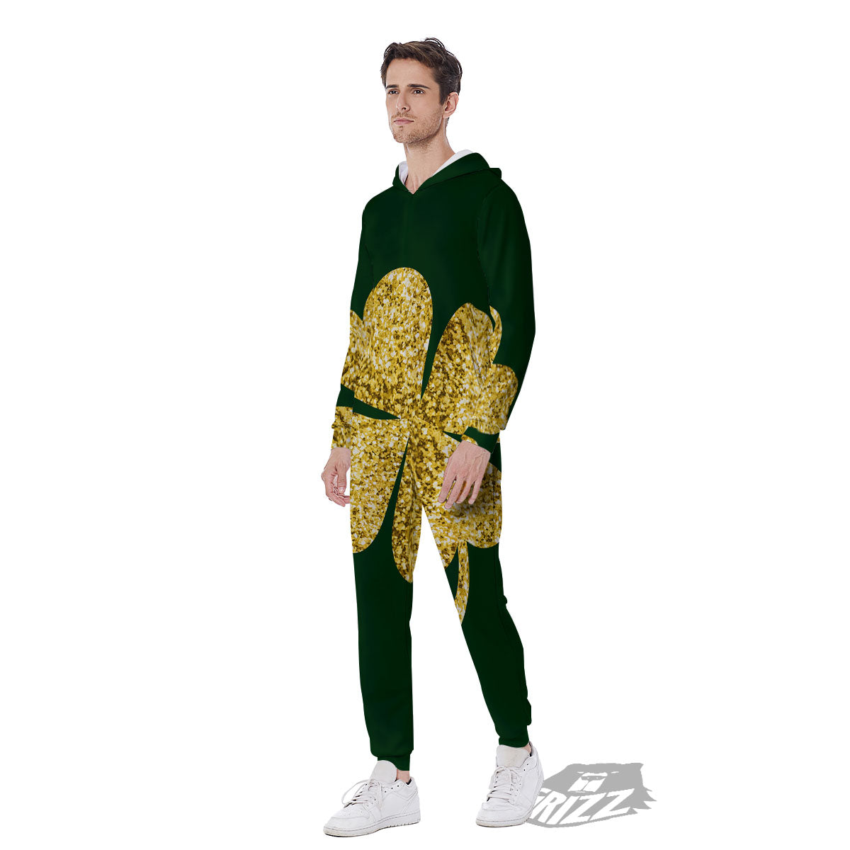 St. Patrick's Day Gold Clover Print Men's Jumpsuit-grizzshop