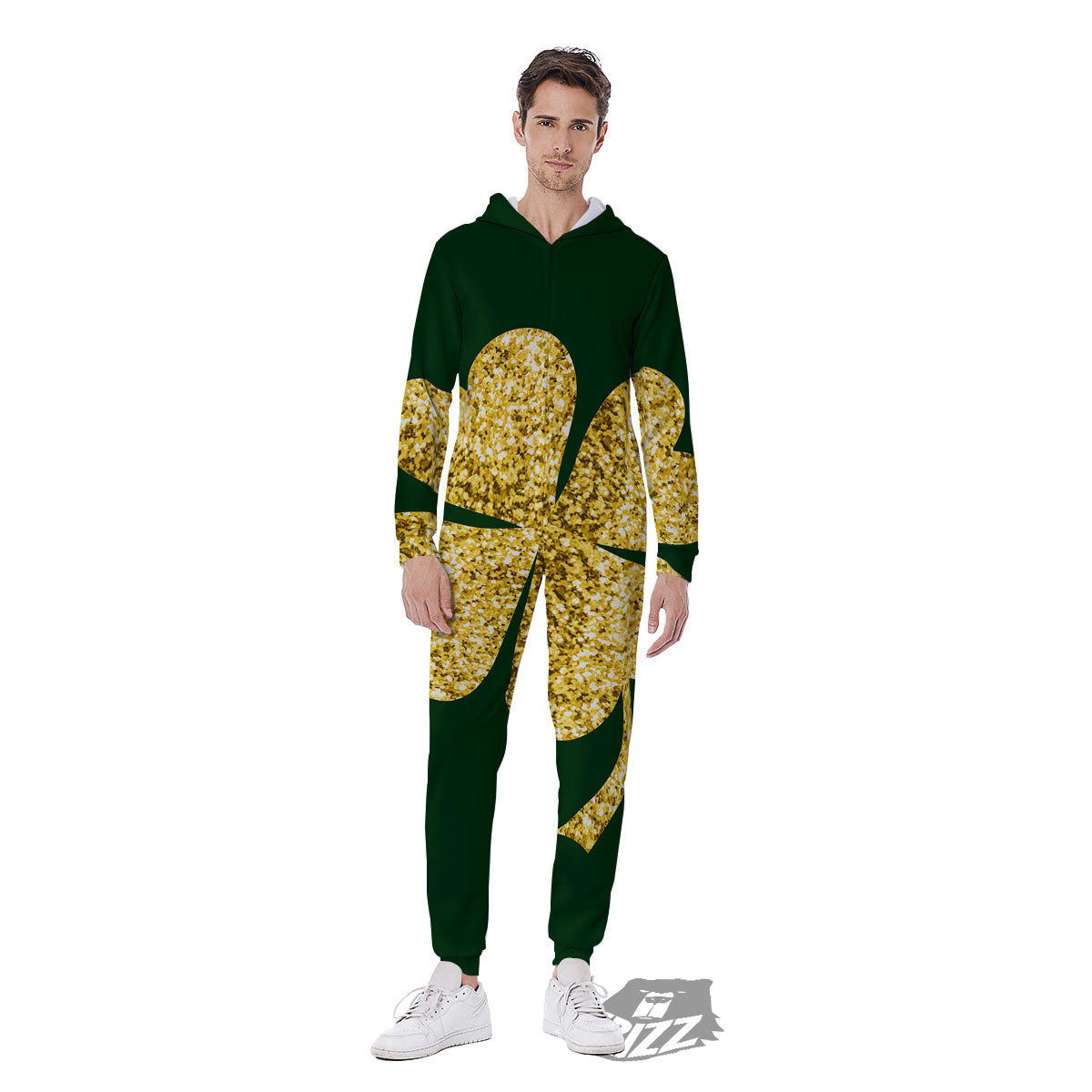 St. Patrick's Day Gold Clover Print Men's Jumpsuit-grizzshop
