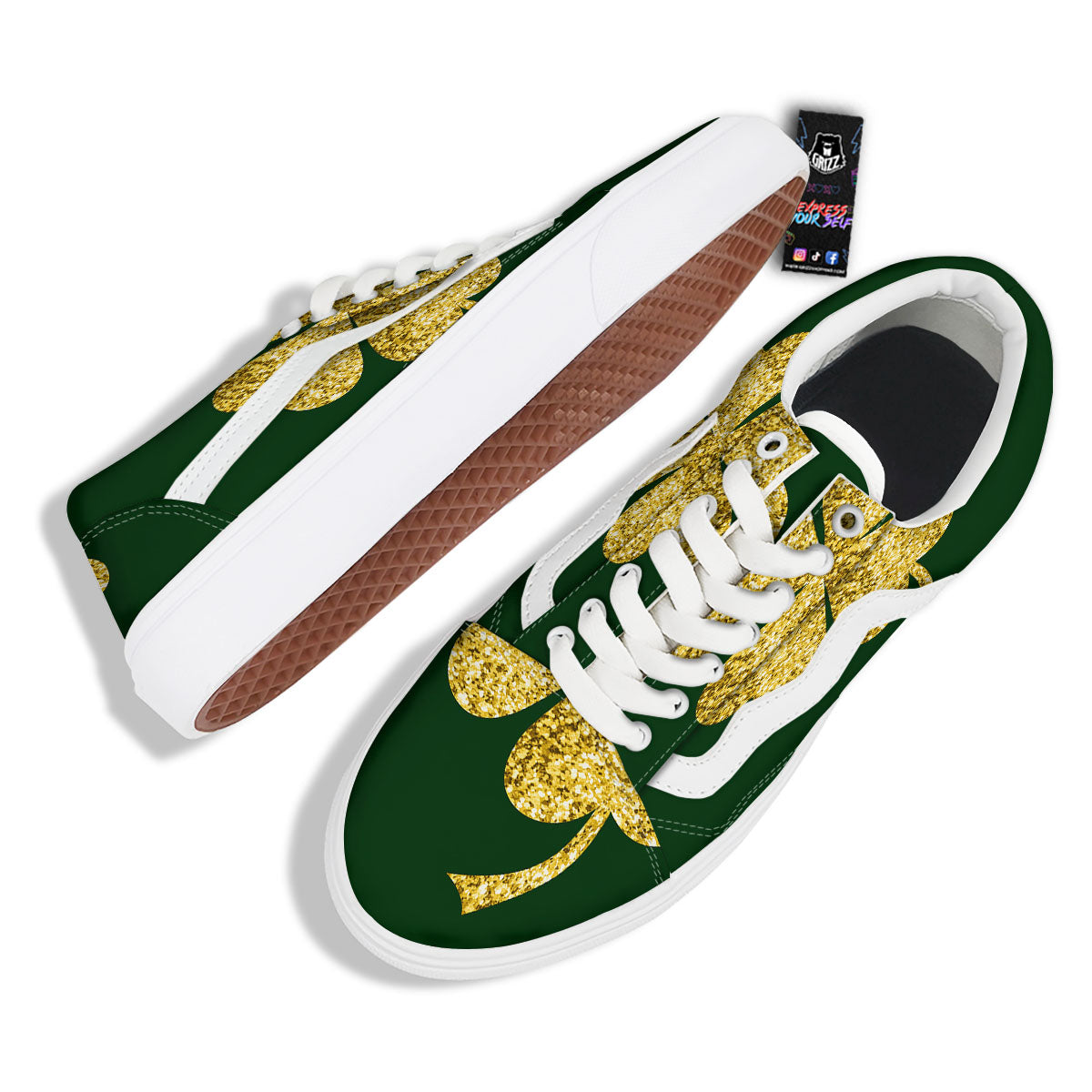 St. Patrick's Day Gold Clover Print Skate Shoes-grizzshop